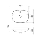 Caroma Contura II inset basin technical drawing, 530 x 400mm white oval ceramic basin with 1 tap hole and tap landing