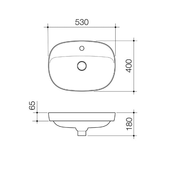 Caroma Contura II inset basin technical drawing, 530 x 400mm white oval ceramic basin with 1 tap hole and tap landing