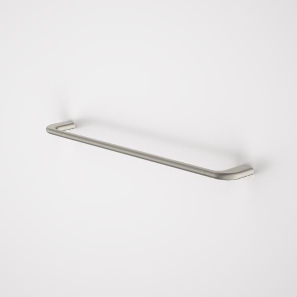 Caroma Contura II brushed nickel single towel rail, 620mm, wall-mounted with rounded ends on white background