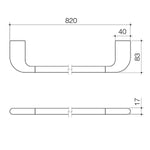 Caroma Contura II 820mm single towel rail in chrome, shown in technical drawing with dimensions and side view