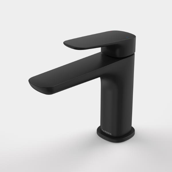 Caroma Contura II basin mixer tap in matte black, shown in a front three-quarter view on a white background.