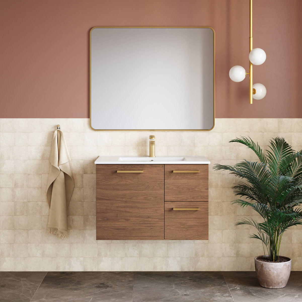 Caroma Contura II basin mixer in matte black, pictured in a modern bathroom vanity setting with a brass-toned tap visible