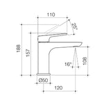 Caroma Contura II basin mixer technical drawing, matte black, with measurements and side profile view