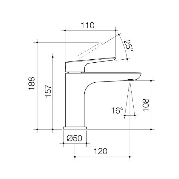 Caroma Contura II basin mixer technical drawing, matte black, with measurements and side profile view