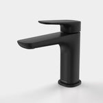 Caroma Contura II basin mixer in matte black, shown in side view on white background