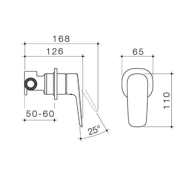 Caroma Contura II bath/shower mixer technical drawing in brushed bronze, showing side and front views with dimensions