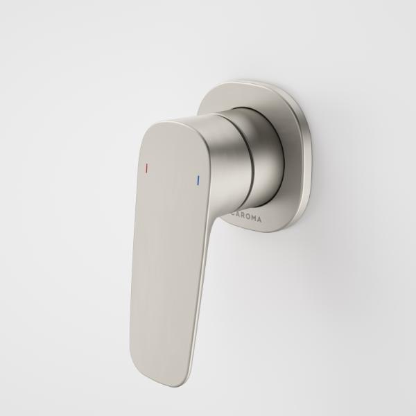 Caroma Contura II wall-mounted bath/shower mixer in brushed nickel with single lever and round trim plate