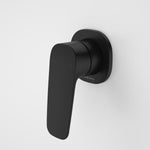 Caroma Contura II matte black bath and shower mixer tap, wall mounted single-lever round plate view