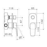Caroma Contura II brushed brass bath/shower mixer with diverter, technical side and front views with measurements