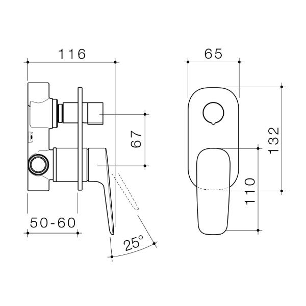 Caroma Contura II bath/shower mixer with diverter technical drawing, brushed nickel wall-mounted tap, front and side views with dimensions