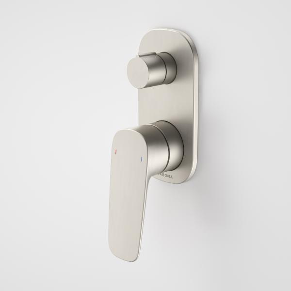 Caroma Contura II wall-mounted bath/shower mixer with diverter in brushed nickel, shown front on against a white background