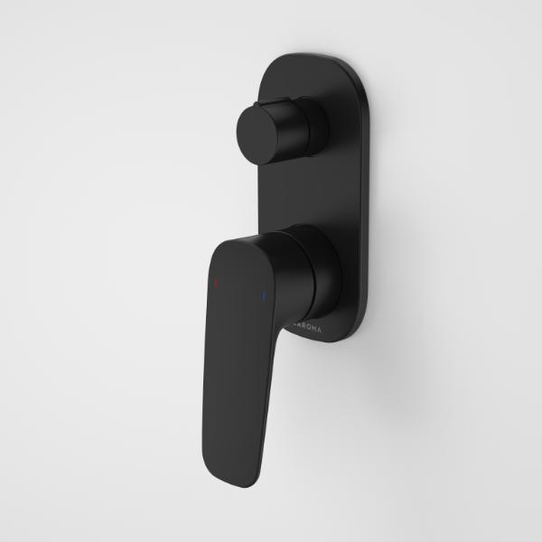 Caroma Contura II wall-mounted bath and shower mixer with diverter in matte black, round handle on black backplate