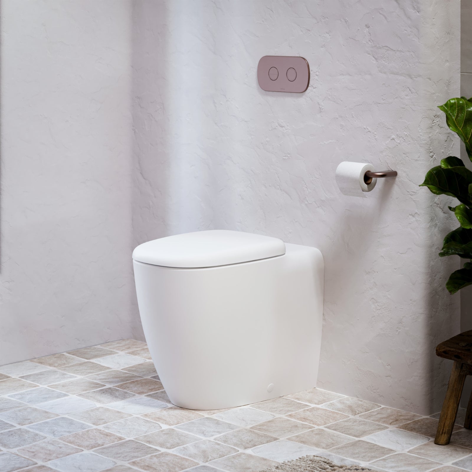Caroma matte white wall-faced toilet suite with concealed cistern, soft-close seat and dual flush buttons in a bathroom setting