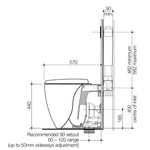 Caroma Contura II wall faced toilet suite technical drawing, white, side view with dimensions and concealed cistern layout