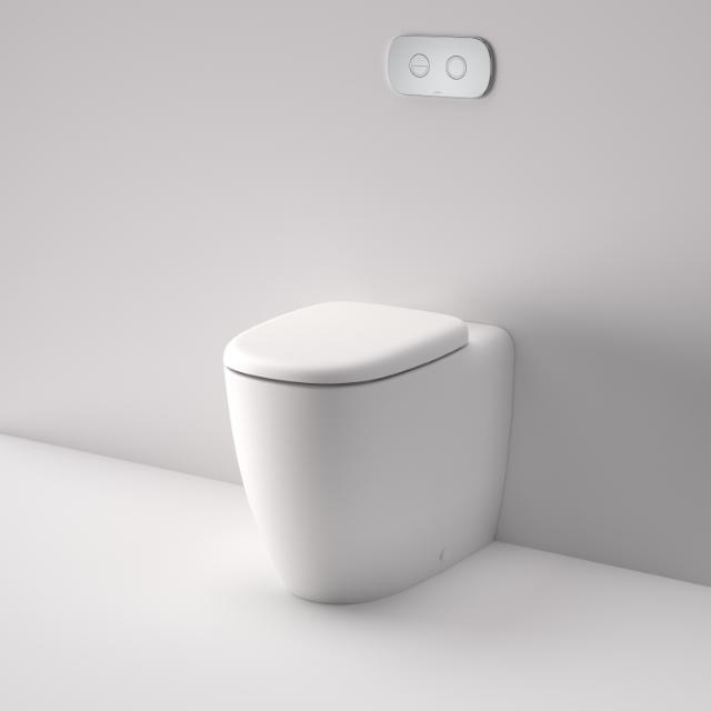 Caroma Contura II wall-faced toilet suite in white with concealed cistern and dual flush buttons, front view in a minimalist bathroom