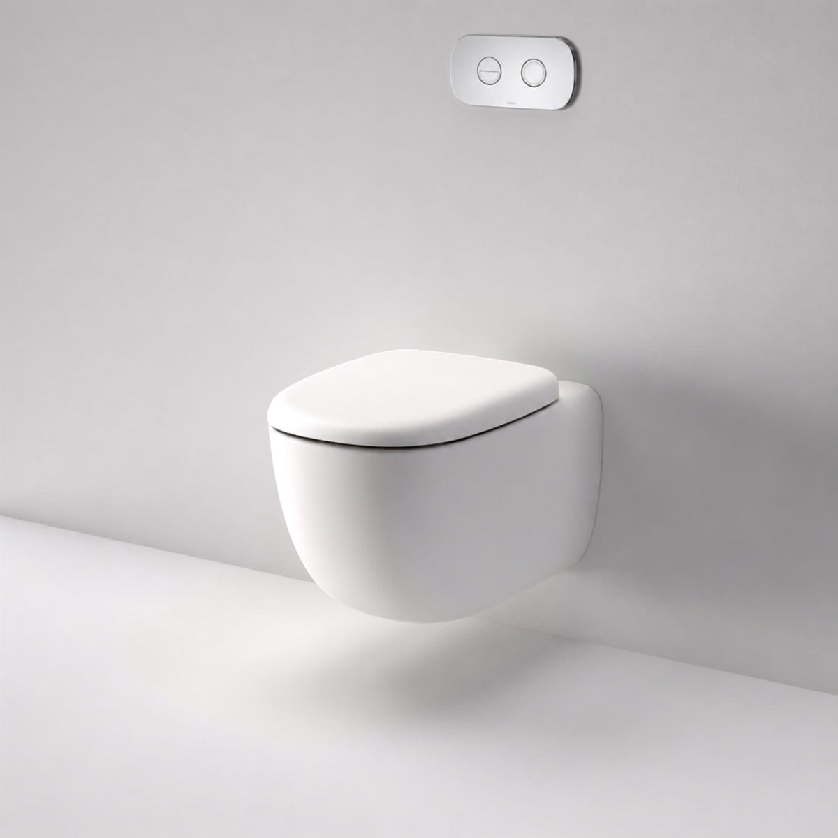 Caroma wall-hung toilet suite in matte white with concealed cistern and dual flush button panel
