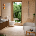 White wall-hung Caroma toilet in a modern bathroom, shown with bathtub and vanity against beige tiled walls