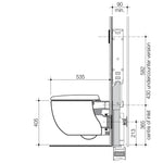 Caroma wall-hung toilet technical drawing, side view, with concealed cistern and installation dimensions in white/grey