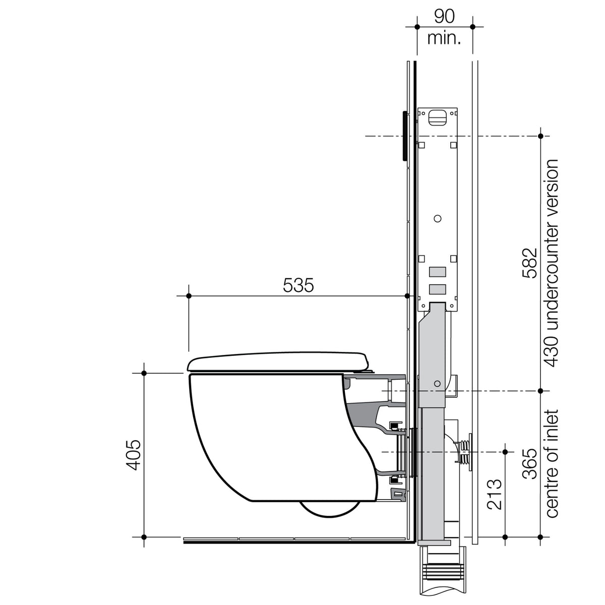 Caroma wall-hung toilet technical drawing, side view, with concealed cistern and installation dimensions in white/grey