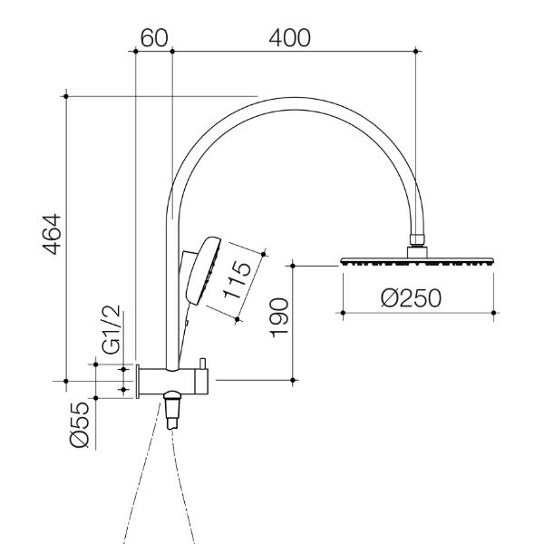 Caroma Contura II Compact Twin Shower technical drawing, brushed brass wall-mounted shower with 400mm arm and 250mm head dimensions