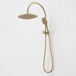 Caroma Contura II compact twin shower in brushed brass, with round overhead rose, hand shower and rail