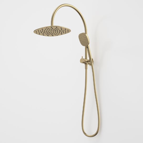 Caroma Contura II compact twin shower in brushed brass, with round overhead rose, hand shower and rail