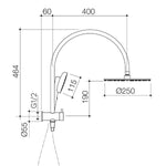 Caroma Contura II compact twin shower technical drawing, showing wall-mounted rail, overhead rose and hand shower with dimensions