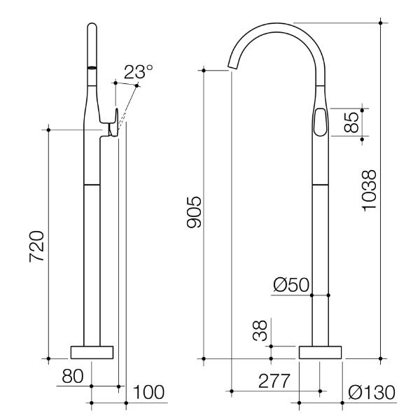 Caroma Contura II freestanding bath filler technical drawing in brushed brass, showing front and side dimensions
