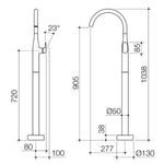 Caroma Contura II freestanding bath filler technical drawing, brushed nickel floor-mounted tap with dimensions shown