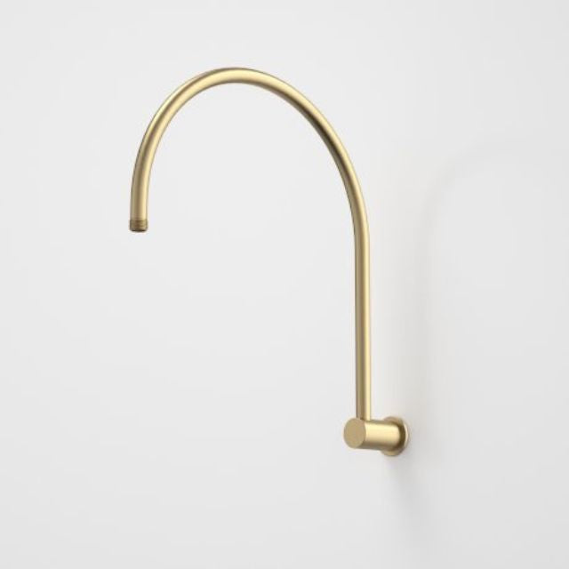 Caroma brushed brass upswept shower arm, wall mounted gooseneck design on white background