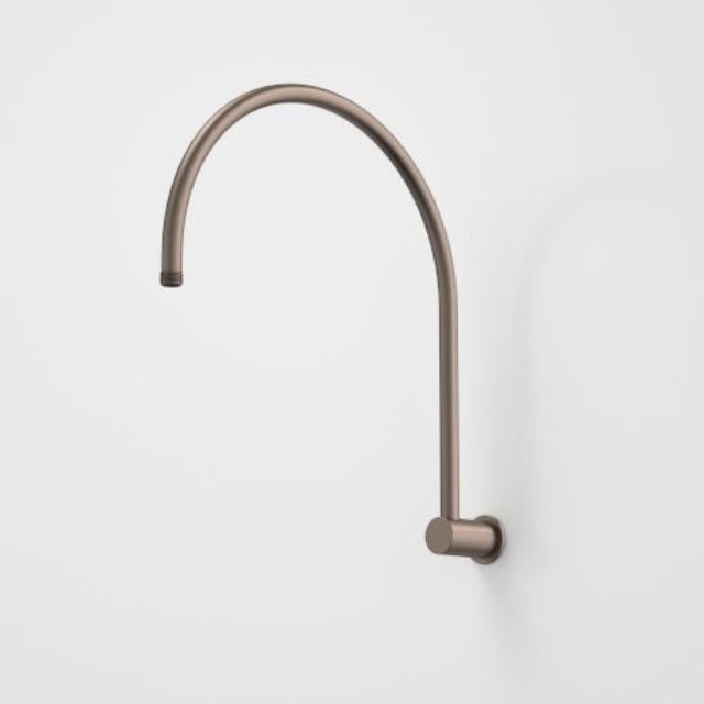 Caroma upswept gooseneck shower arm in brushed bronze, wall mounted against a white background