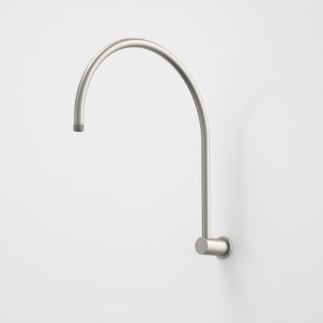 Caroma brushed nickel upswept gooseneck shower arm, wall mounted on white background