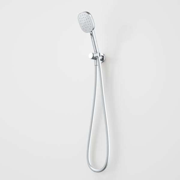 Caroma Contura II chrome hand shower with hose and wall bracket, shown front on against a white background