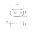 Caroma Contura II wall hung hand basin technical drawing, 530 x 300mm, single tap hole, oval ceramic in Matte Clay