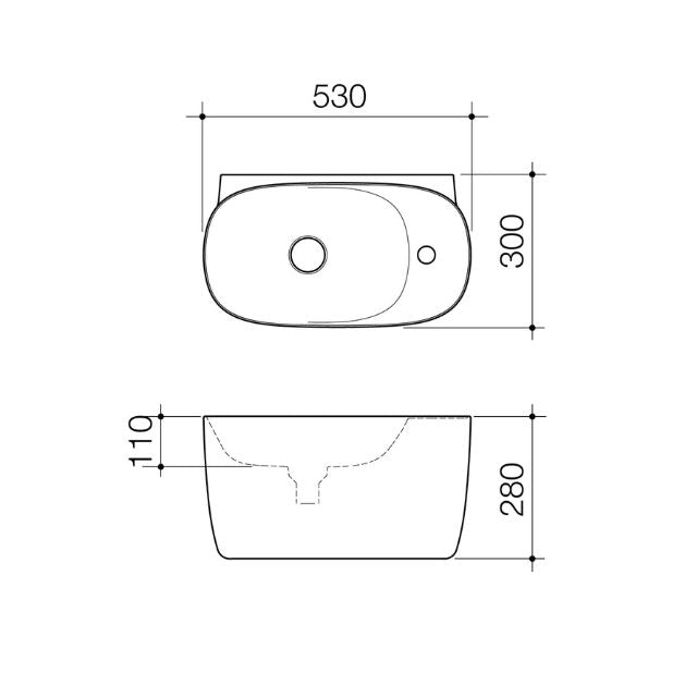Caroma Contura II wall hung hand basin technical drawing, 530 x 300mm, single tap hole, oval ceramic in Matte Clay