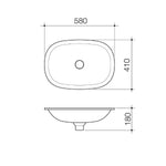 Caroma Contura II undercounter basin technical drawing in Matte Clay, oval ceramic basin 580 x 410mm with waste hole