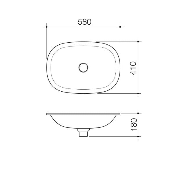 Caroma Contura II undercounter basin technical drawing in Matte Clay, oval ceramic basin 580 x 410mm with waste hole
