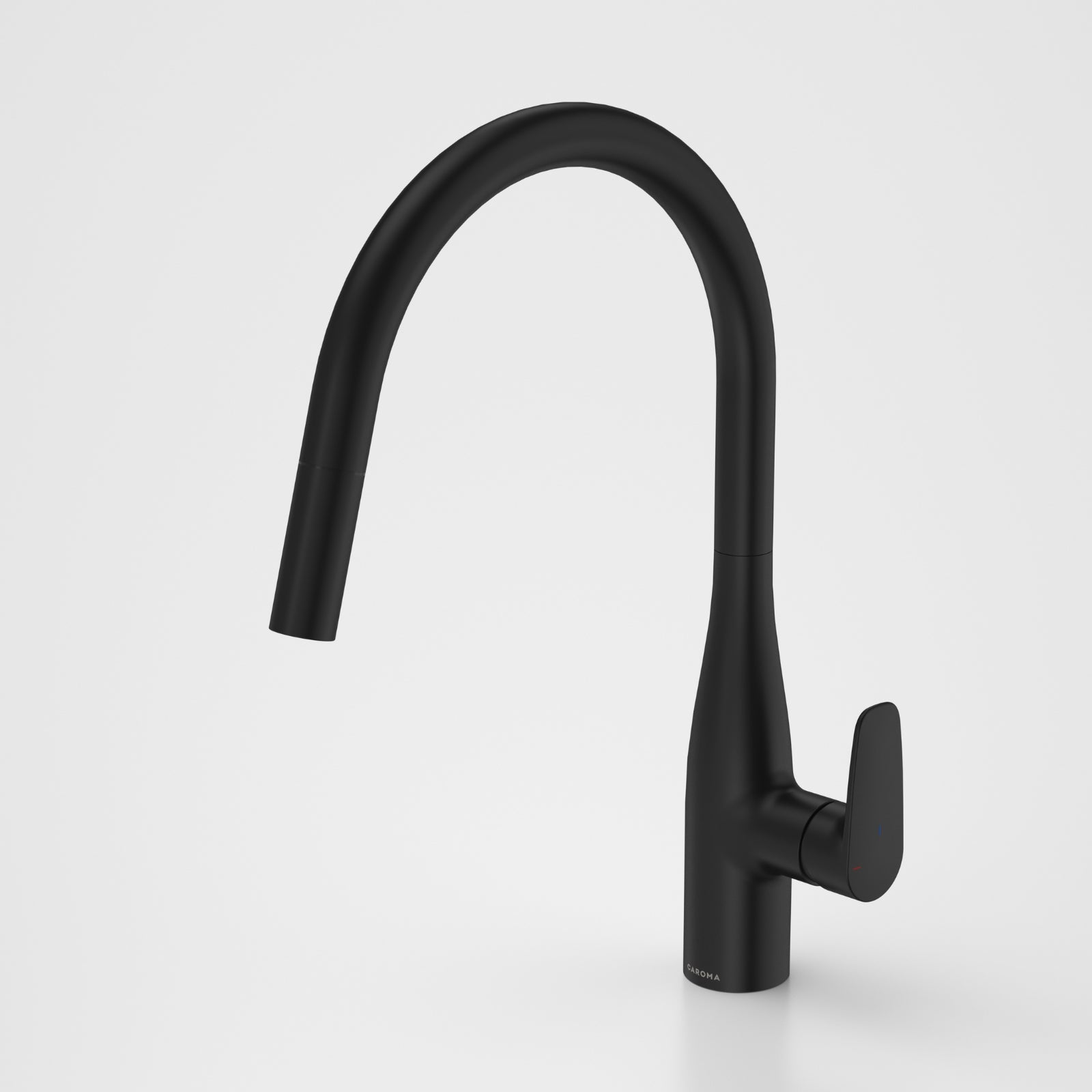 Caroma Contura II pull-out sink mixer in matte black, shown on a white background with curved spout and lever handle