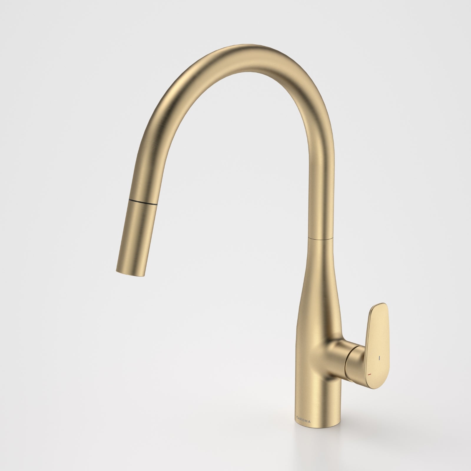 Caroma Contura II pull out sink mixer in brushed brass, with arched swivel spout and lever handle on white background