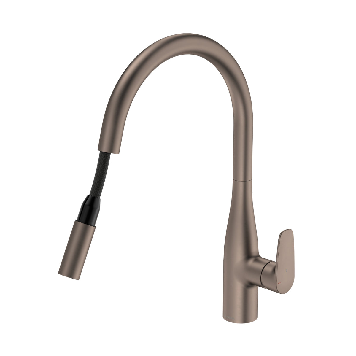 Caroma Contura II pull out sink mixer in brushed bronze, with retractable handpiece and curved hob-mounted spout