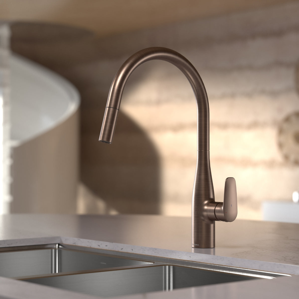 Caroma Contura II brushed bronze pull out sink mixer on a kitchen sink, side view of tapware