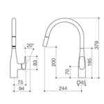 Caroma Contura II pull out sink mixer technical drawing, brushed bronze, showing dimensions and side view