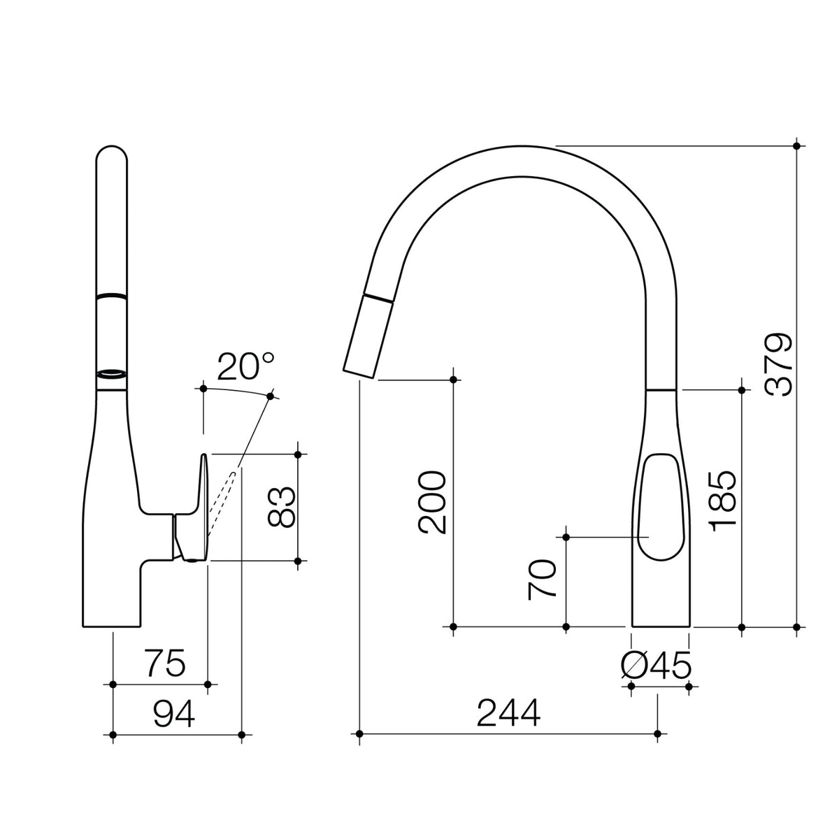Caroma Contura II pull out sink mixer technical drawing, brushed bronze, showing dimensions and side view