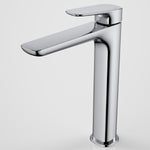 Caroma Contura II tower basin mixer tap in chrome, single lever, tall modern hob-mounted design on white background