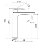 Caroma Contura II Tower Basin Mixer technical drawing, chrome basin tap with dimensions and side view