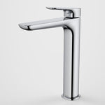 Caroma Contura II tower basin mixer in chrome, tall single-lever tap with streamlined spout on white background