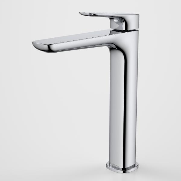 Caroma Contura II tower basin mixer in chrome, tall single-lever tap with streamlined spout on white background