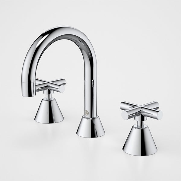 Caroma Coolibah Classic chrome 3-piece basin tap set with cross handles and curved spout, on white background