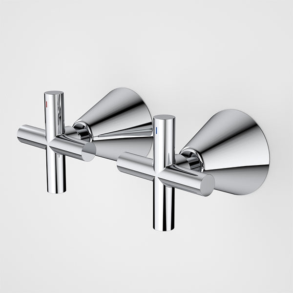 Caroma Classic cross wall tap handle set in chrome, two polished cross handles with cone escutcheons on white background