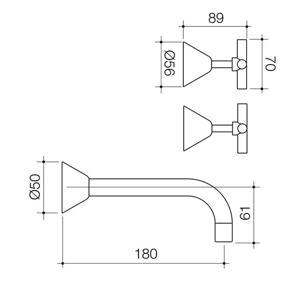 Caroma Classic Cross wall tap set technical drawing in chrome, showing three-piece basin/bath taps with dimensions